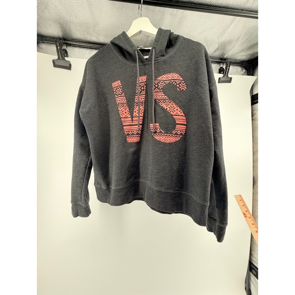 Victoria's Secret VS Logo Hoodie Gray Pink Fair Isle Graphic Pullover Large